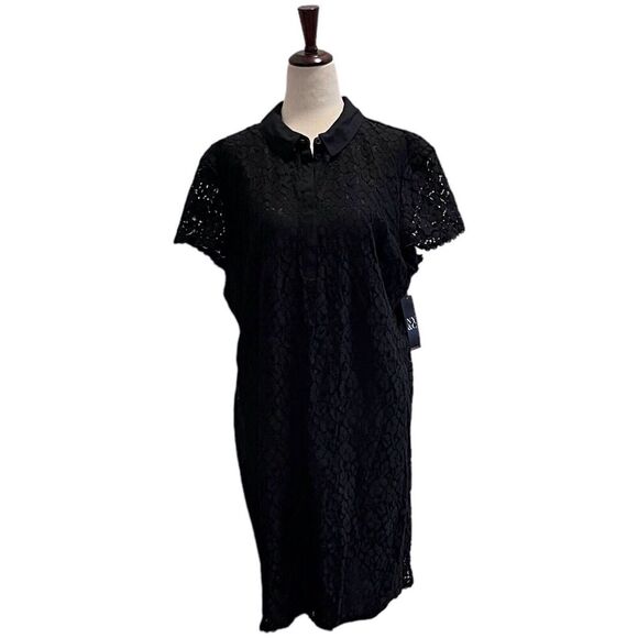New York & Company Dresses & Skirts - NEW YORK & COMPANY Black Lace Overlay Dress w/ Collar Size XLARGE Collared Lined